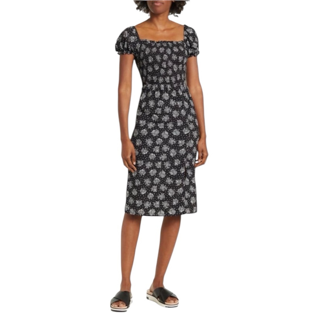 Melrose and Market Puff Sleeve Smocked Black & White Midi Dress Size Small